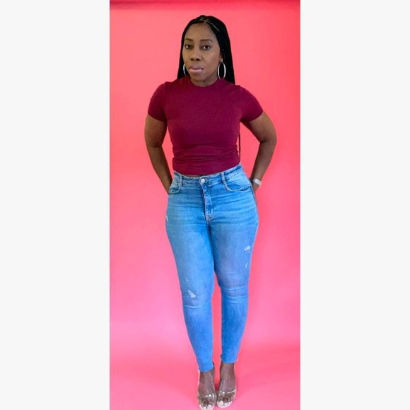 (NWT) Short Sleeve Double Layer / Long Crop Top - Burgundy - Picture 2 of 3